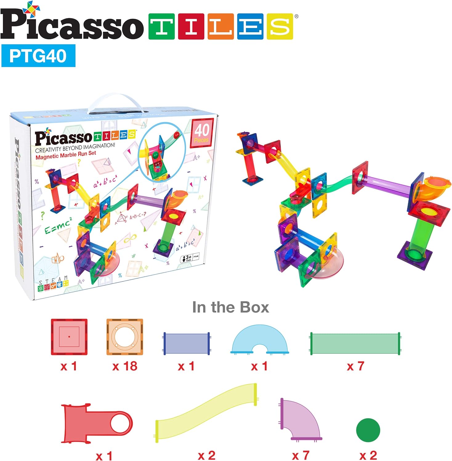 PicassoTiles Marble Run 40 Piece Magnetic Tile Race Track Toy Play Set STEM Building amp Learning Early Educational Child Magnet Construction Block Creative Kit Boys amp Girls Age 3 Years Old Toys PTG4040 Piece