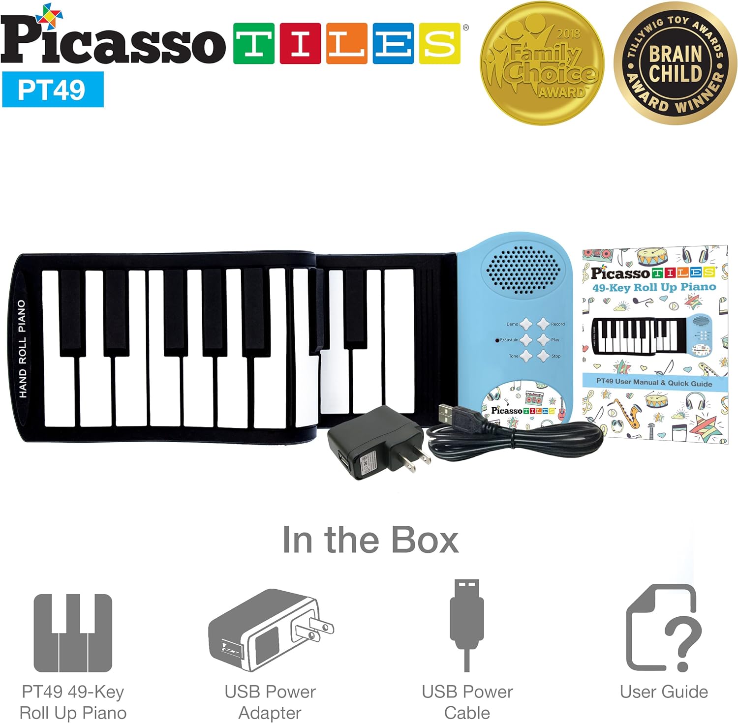 PicassoTiles PT49 Portable Kids 49Key Flexible Roll Up Educational Electronic Digital Music Piano Keyboard w Recording Feature 8 Different Tones 6 Educational Demo Songs amp Buildin Speaker  BluePicassoTiles PT49 Portable Kids 49Key Flexible Roll Up Educational Electronic Digital Music Piano Keyboard w Recording Feature 8 Different Tones 6 Educational Demo Songs amp Buildin Speaker  Blue