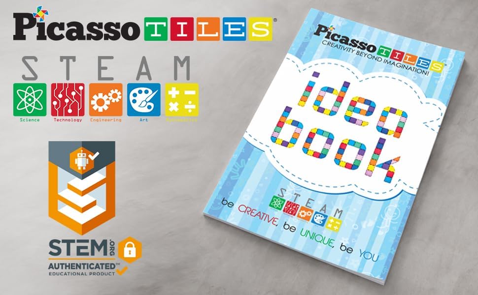 PicassoTiles STEM Learning Idea Book with Over 150 Ideas 110 Pages of Unique Innovative Creations for Magnet Tile Building Block Magnetic Toy Construction Sets Easy to Read Instructions Kids Age 3PicassoTiles STEM Learning Idea Book with Over 150 Ideas 110 Pages of Unique Innovative Creations for Magnet Tile Building Block Magnetic Toy Construction Sets Easy to Read Instructions Kids Age 3