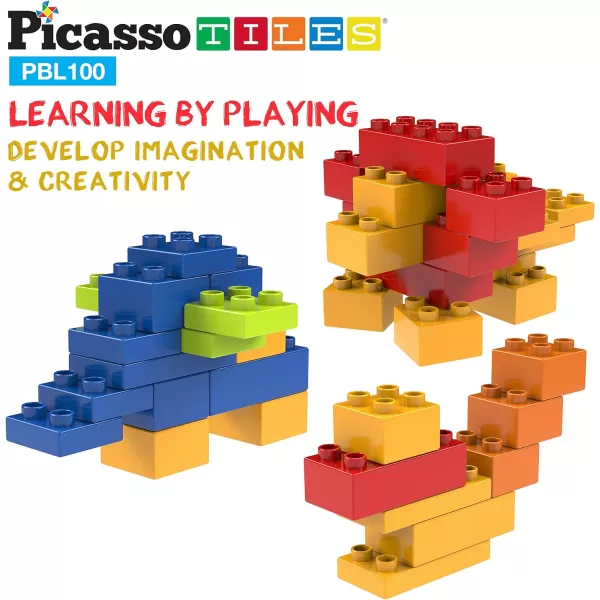 PicassoTiles 100 Piece Large Construction Brick Building Blocks STEM Bricks Toy Set Creative Learning Early Education Playset 5 Colors 4 Unique Shapes Mix amp Match Toys for Kids Boys Girls Child Age 3PBL100