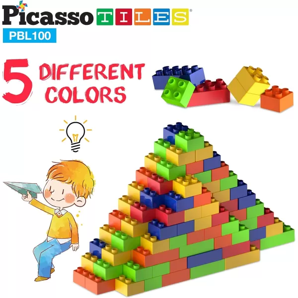 PicassoTiles 100 Piece Large Construction Brick Building Blocks STEM Bricks Toy Set Creative Learning Early Education Playset 5 Colors 4 Unique Shapes Mix amp Match Toys for Kids Boys Girls Child Age 3PBL100