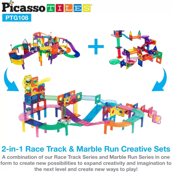 PicassoTiles 108pc 2in1 Marble Run Car Race Track Combo Magnetic Tiles PicassoToys Magnet Building Block Educational Construction Toy Playset STEM STEAM Learning Kit Child Brain Development PTG108PTG108