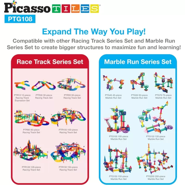 PicassoTiles 108pc 2in1 Marble Run Car Race Track Combo Magnetic Tiles PicassoToys Magnet Building Block Educational Construction Toy Playset STEM STEAM Learning Kit Child Brain Development PTG108PTG108