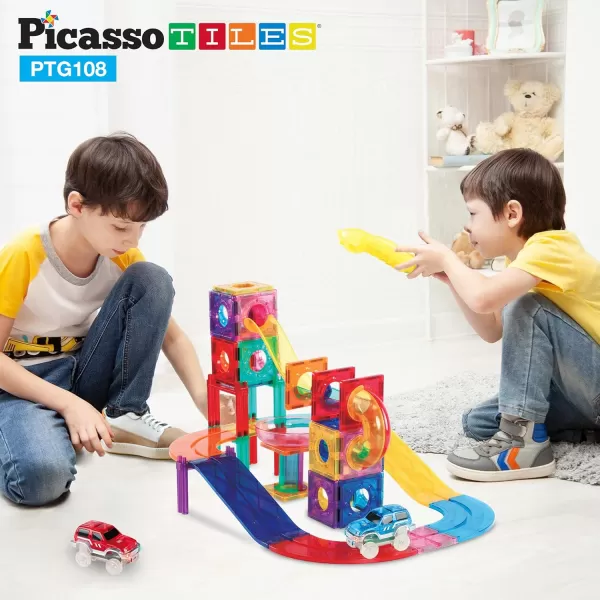 PicassoTiles 108pc 2in1 Marble Run Car Race Track Combo Magnetic Tiles PicassoToys Magnet Building Block Educational Construction Toy Playset STEM STEAM Learning Kit Child Brain Development PTG108PTG108