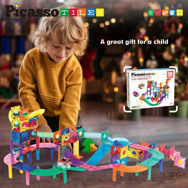 PicassoTiles 108pc 2in1 Marble Run Car Race Track Combo Magnetic Tiles PicassoToys Magnet Building Block Educational Construction Toy Playset STEM STEAM Learning Kit Child Brain Development PTG108PTG108