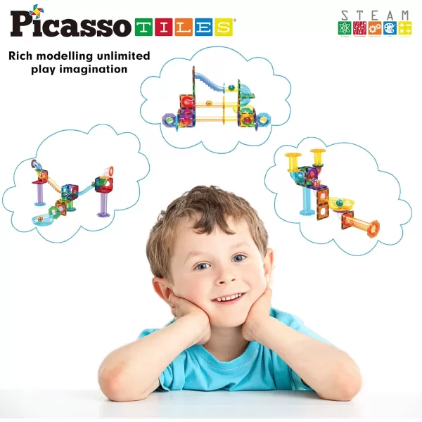 PicassoTiles 108pc 2in1 Marble Run Car Race Track Combo Magnetic Tiles PicassoToys Magnet Building Block Educational Construction Toy Playset STEM STEAM Learning Kit Child Brain Development PTG108PTG60