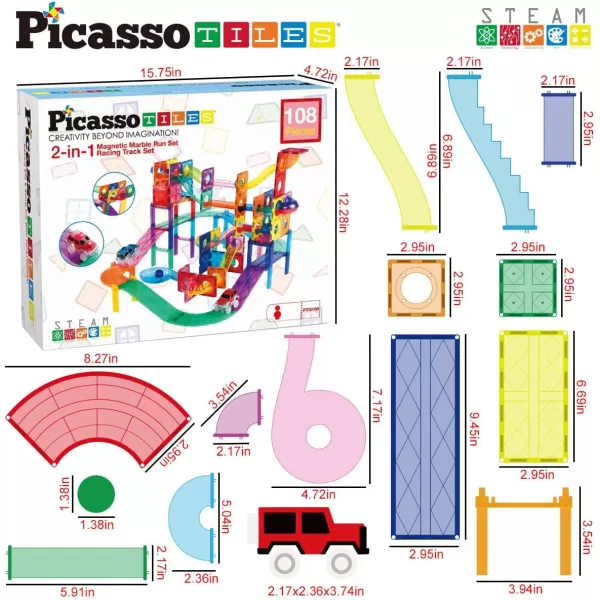 PicassoTiles 108pc 2in1 Marble Run Car Race Track Combo Magnetic Tiles PicassoToys Magnet Building Block Educational Construction Toy Playset STEM STEAM Learning Kit Child Brain Development PTG108PTG108