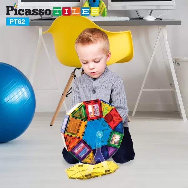PicassoTiles Kids Toy Building Block Ferris Wheel Set LED Light Children Construction Kit Magnet Tiles Magnetic STEM Interlocking Playboard Educational Learning Stacking Blocks Brain Development PT6262pc
