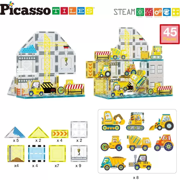 PicassoTiles Magnet Tile Building Block Set with 8 Construction Vehicles Crank Truck Excavator Bullsdozer Road Roller Concrete Mixer Tractor Dump Truck amp Forklift Magnetic Toy Kid Ages 3 PTQ11PicassoTiles Magnet Tile Building Block Set with 8 Construction Vehicles Crank Truck Excavator Bullsdozer Road Roller Concrete Mixer Tractor Dump Truck amp Forklift Magnetic Toy Kid Ages 3 PTQ11