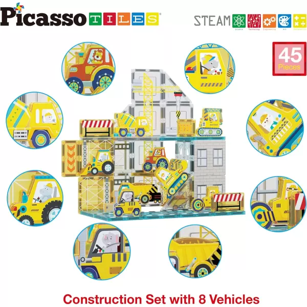 PicassoTiles Magnet Tile Building Block Set with 8 Construction Vehicles Crank Truck Excavator Bullsdozer Road Roller Concrete Mixer Tractor Dump Truck amp Forklift Magnetic Toy Kid Ages 3 PTQ11PicassoTiles Magnet Tile Building Block Set with 8 Construction Vehicles Crank Truck Excavator Bullsdozer Road Roller Concrete Mixer Tractor Dump Truck amp Forklift Magnetic Toy Kid Ages 3 PTQ11