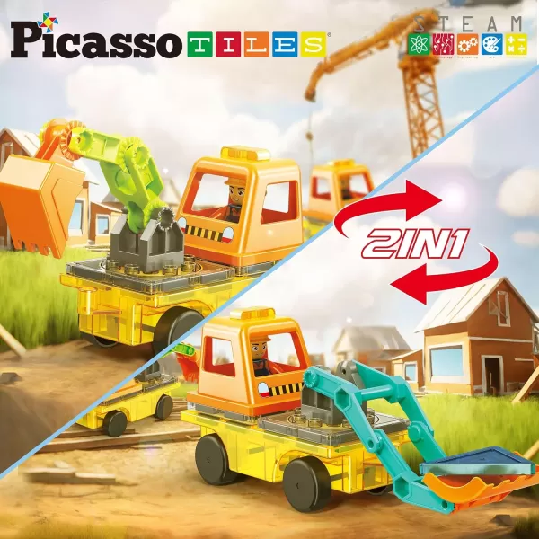 PicassoTiles Magnet Tiles Building Block 2in1 Excavator amp Backhoe Brick Compatible Construction Playset with Car Base Magnetic Character Action Figure STEM Educational Learning Toy Kit Age 3 PTU04PicassoTiles Magnet Tiles Building Block 2in1 Excavator amp Backhoe Brick Compatible Construction Playset with Car Base Magnetic Character Action Figure STEM Educational Learning Toy Kit Age 3 PTU04