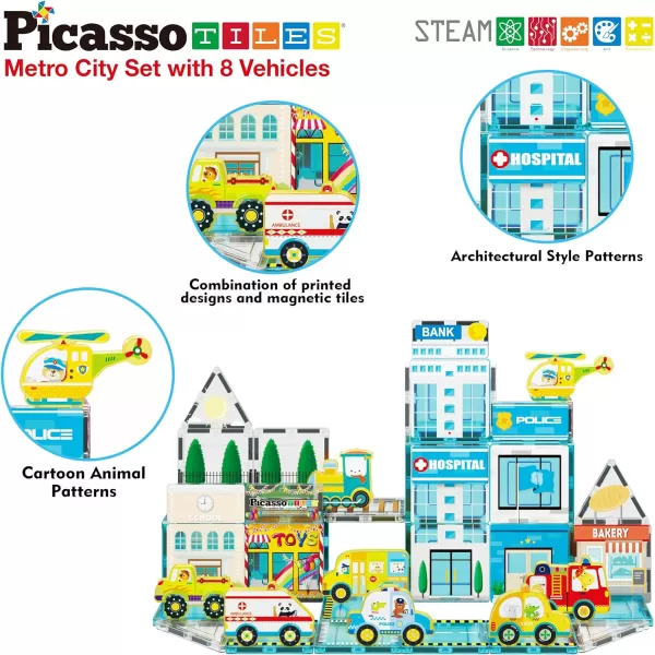 PicassoTiles Magnetic Tiles Building Construction Blocks Metro City Town Pretend Play Toy Set with 8 Magnet Car Vehicle Character Action Figures Preschool STEAM Learning Educational Kit Ages 3 PTQ14PicassoTiles Magnetic Tiles Building Construction Blocks Metro City Town Pretend Play Toy Set with 8 Magnet Car Vehicle Character Action Figures Preschool STEAM Learning Educational Kit Ages 3 PTQ14