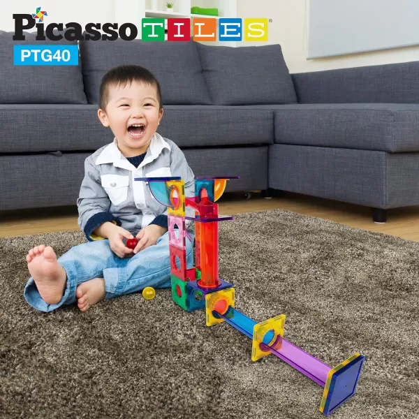 PicassoTiles Marble Run 40 Piece Magnetic Tile Race Track Toy Play Set STEM Building amp Learning Early Educational Child Magnet Construction Block Creative Kit Boys amp Girls Age 3 Years Old Toys PTG4040 Piece