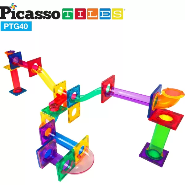 PicassoTiles Marble Run 40 Piece Magnetic Tile Race Track Toy Play Set STEM Building amp Learning Early Educational Child Magnet Construction Block Creative Kit Boys amp Girls Age 3 Years Old Toys PTG4040 Piece
