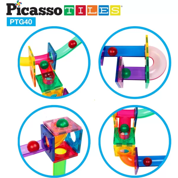 PicassoTiles Marble Run 40 Piece Magnetic Tile Race Track Toy Play Set STEM Building amp Learning Early Educational Child Magnet Construction Block Creative Kit Boys amp Girls Age 3 Years Old Toys PTG4040 Piece