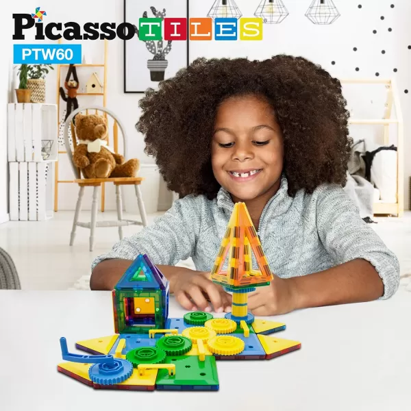 PicassoTiles PTW60 2in1 60pcs 3D Magnetic Tile amp Gear Spinning Wheel Learning STEM Building Toy Magnet Construction Toy Educational Engineering Playset wWheel Geer Magnetic Tiles for PreschoolPicassoTiles PTW60 2in1 60pcs 3D Magnetic Tile amp Gear Spinning Wheel Learning STEM Building Toy Magnet Construction Toy Educational Engineering Playset wWheel Geer Magnetic Tiles for Preschool