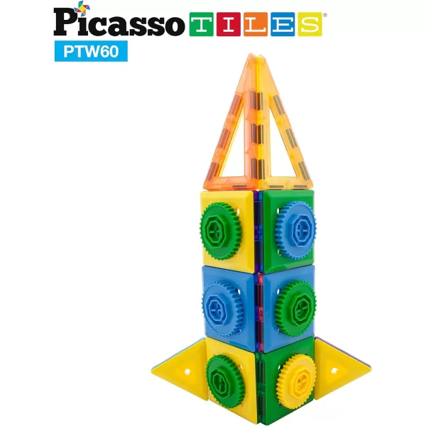 PicassoTiles PTW60 2in1 60pcs 3D Magnetic Tile amp Gear Spinning Wheel Learning STEM Building Toy Magnet Construction Toy Educational Engineering Playset wWheel Geer Magnetic Tiles for PreschoolPicassoTiles PTW60 2in1 60pcs 3D Magnetic Tile amp Gear Spinning Wheel Learning STEM Building Toy Magnet Construction Toy Educational Engineering Playset wWheel Geer Magnetic Tiles for Preschool