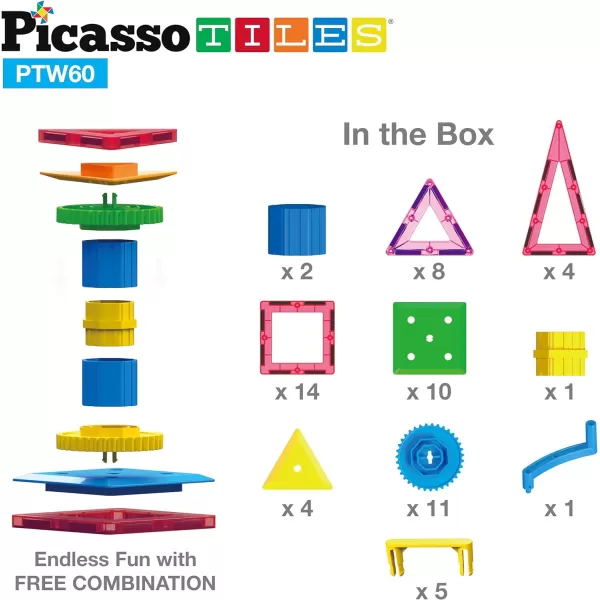 PicassoTiles PTW60 2in1 60pcs 3D Magnetic Tile amp Gear Spinning Wheel Learning STEM Building Toy Magnet Construction Toy Educational Engineering Playset wWheel Geer Magnetic Tiles for PreschoolPicassoTiles PTW60 2in1 60pcs 3D Magnetic Tile amp Gear Spinning Wheel Learning STEM Building Toy Magnet Construction Toy Educational Engineering Playset wWheel Geer Magnetic Tiles for Preschool
