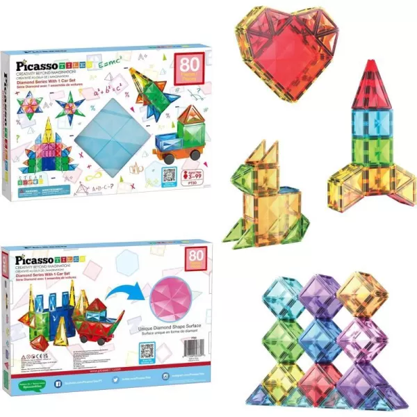 PicassoTiles 80 Pieces Magnetic Building Blocks Tiles Magnet Toys Diamond Toy Building Block Construction Set for STEM Sensory Toys Gifts Educational Playset Kid Brain Development Stacking BlocksDiamond