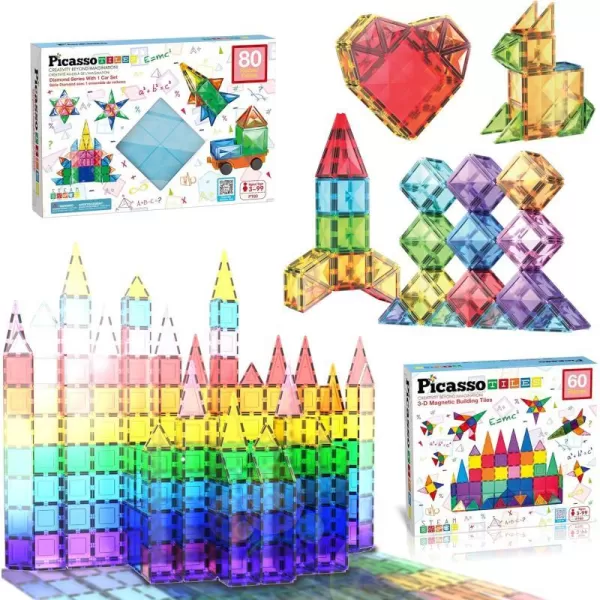 PicassoTiles Building Bundle 80PC Diamond  60PC Magnet Tiles Construction Blocks Playset STEAM Educational Toy for Creative Fun and Learning Construction Play Design Art Gift Idea for KidsPicassoTiles Building Bundle 80PC Diamond  60PC Magnet Tiles Construction Blocks Playset STEAM Educational Toy for Creative Fun and Learning Construction Play Design Art Gift Idea for Kids