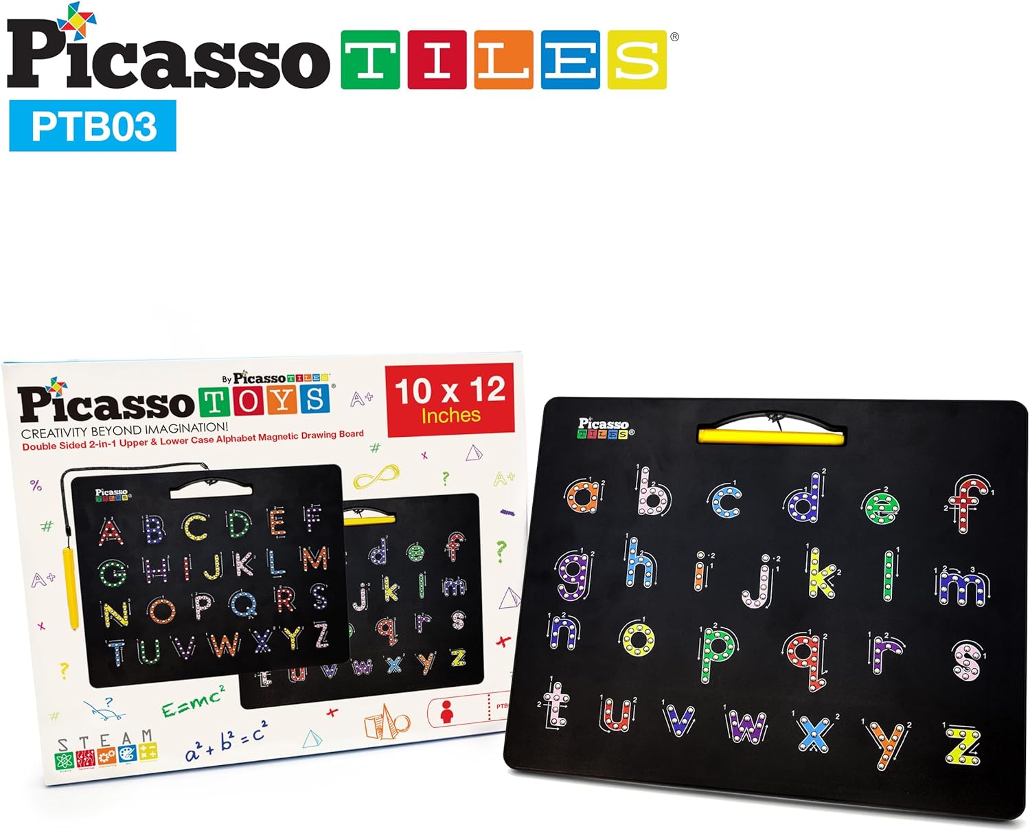 Picasso Toys Magnetic Drawing Board 12x10 inch Large 748 Bead Magnet Tablet Pad Erasable Reusable Writing Playboard STEM Toys Educational Playset OpenEnded Learning Kit Child Brain Development PTB01DualApphabet