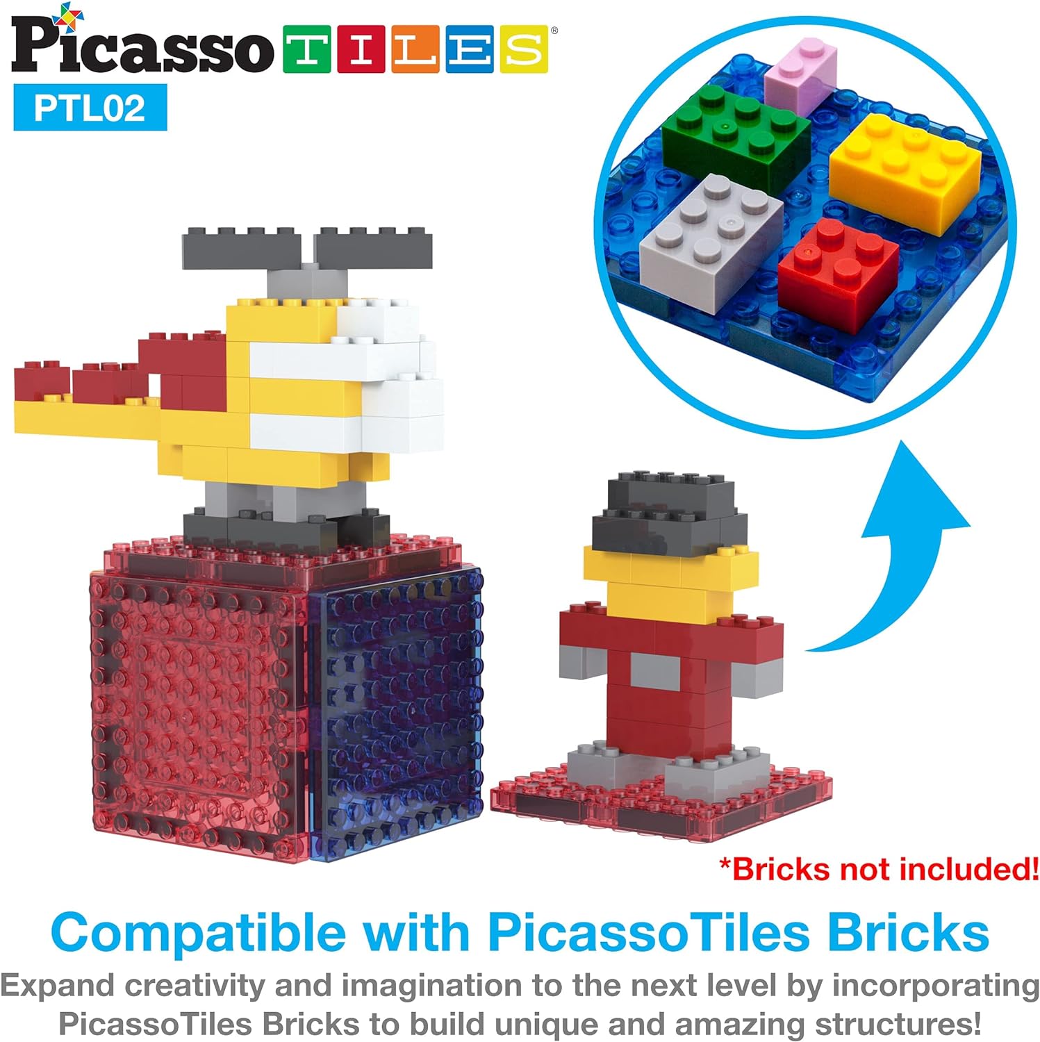 PicassoTiles 12pcs Magnetic Brick Tiles STEM Creative Magnetic Tiles Building Block Set Building Brick Construction Toy Socket Spikes Toys Accessory Educational Imaginative Learning Kit Stacking SetPTL02