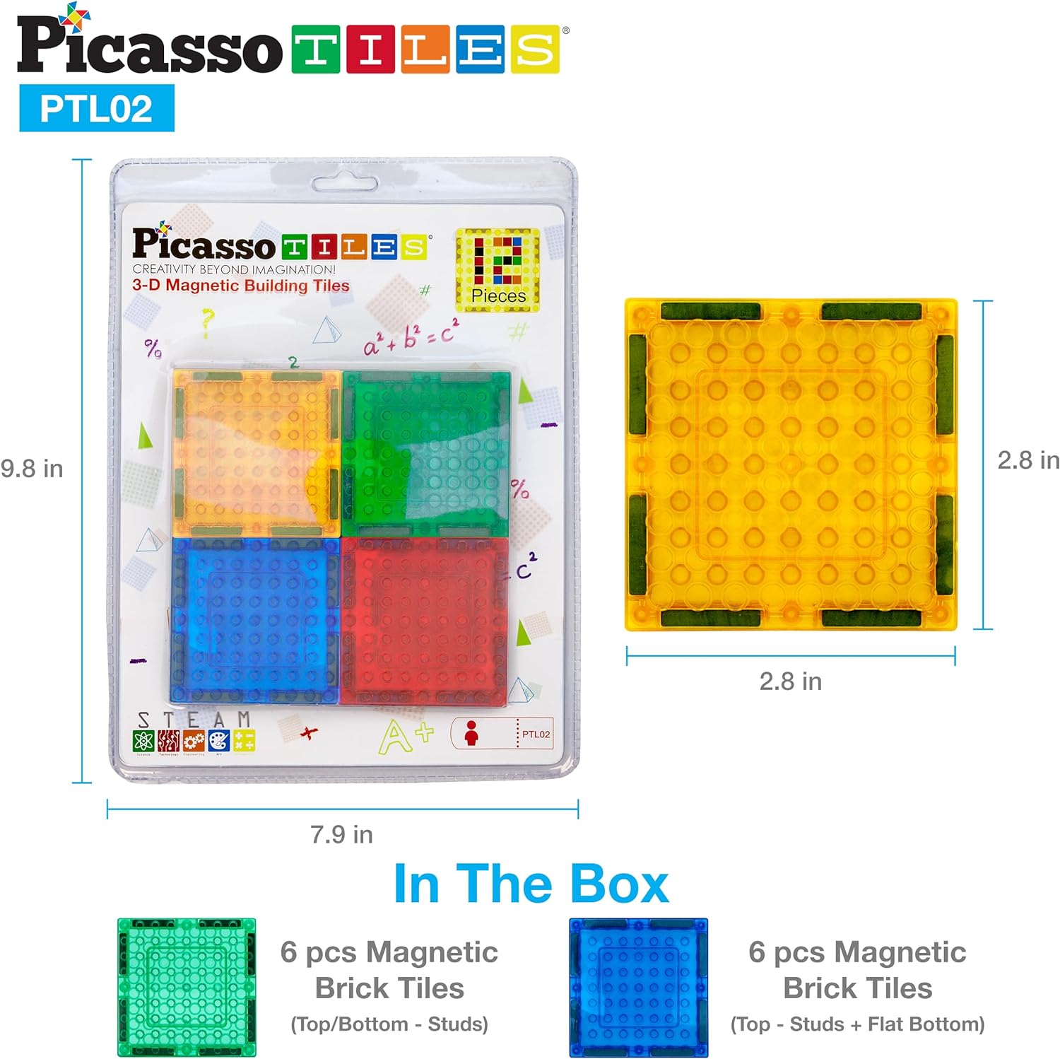 PicassoTiles 12pcs Magnetic Brick Tiles STEM Creative Magnetic Tiles Building Block Set Building Brick Construction Toy Socket Spikes Toys Accessory Educational Imaginative Learning Kit Stacking SetPTL02