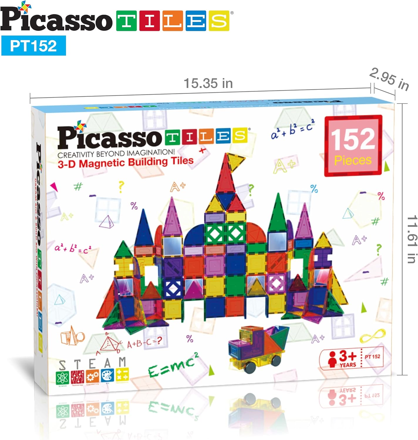 PicassoTiles 152PC Magnetic Tiles Building Block Toy Building Block Magnets Construction Sensory Toys Gifts Set for STEM Educational Playset Kid Brain Development Stacking Blocks with Mirror PT152Mirror152pc