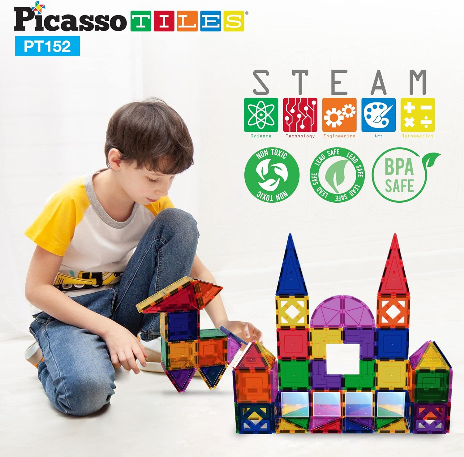 PicassoTiles 152PC Magnetic Tiles Building Block Toy Building Block Magnets Construction Sensory Toys Gifts Set for STEM Educational Playset Kid Brain Development Stacking Blocks with Mirror PT152Mirror152pc