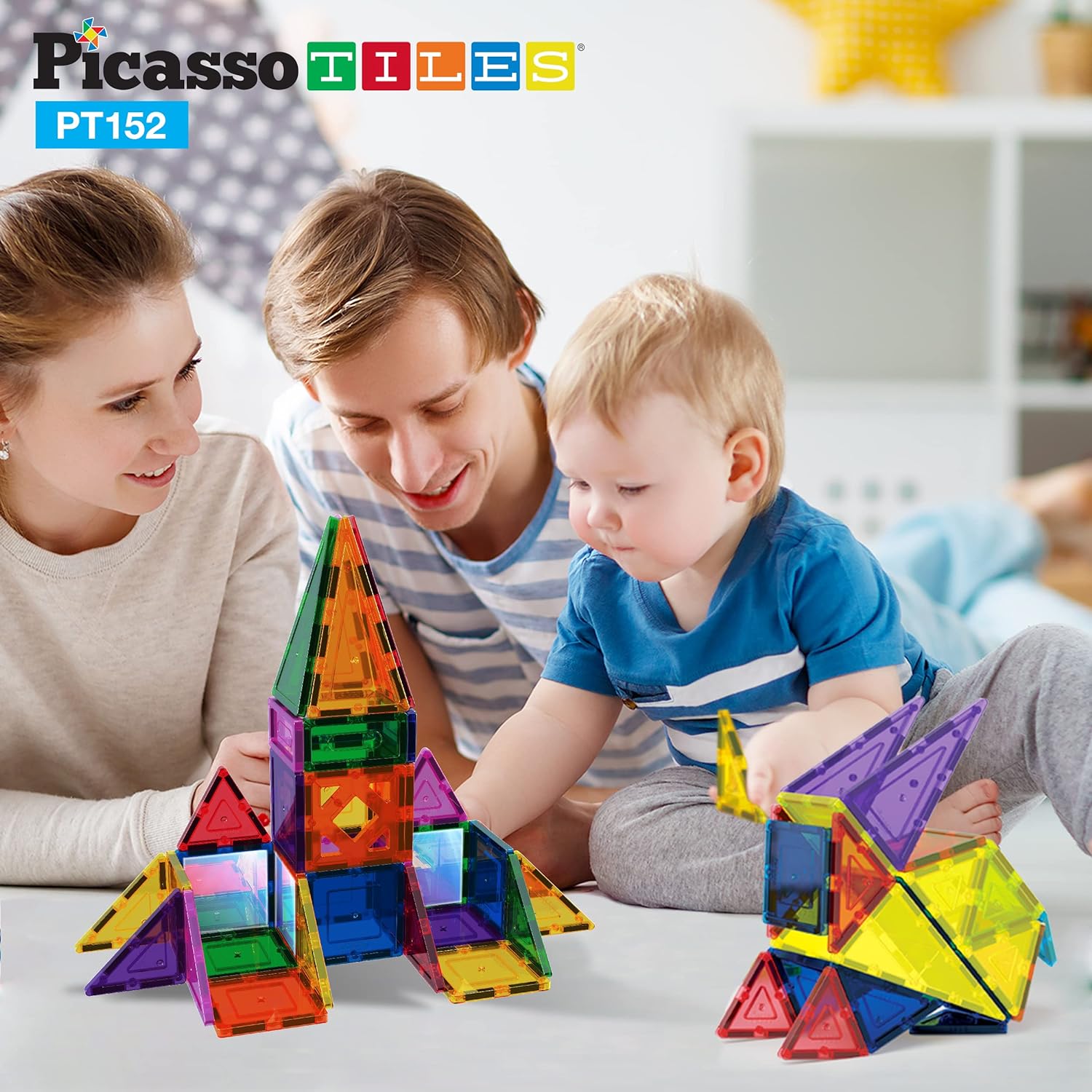 PicassoTiles 152PC Magnetic Tiles Building Block Toy Building Block Magnets Construction Sensory Toys Gifts Set for STEM Educational Playset Kid Brain Development Stacking Blocks with Mirror PT152Mirror152pc