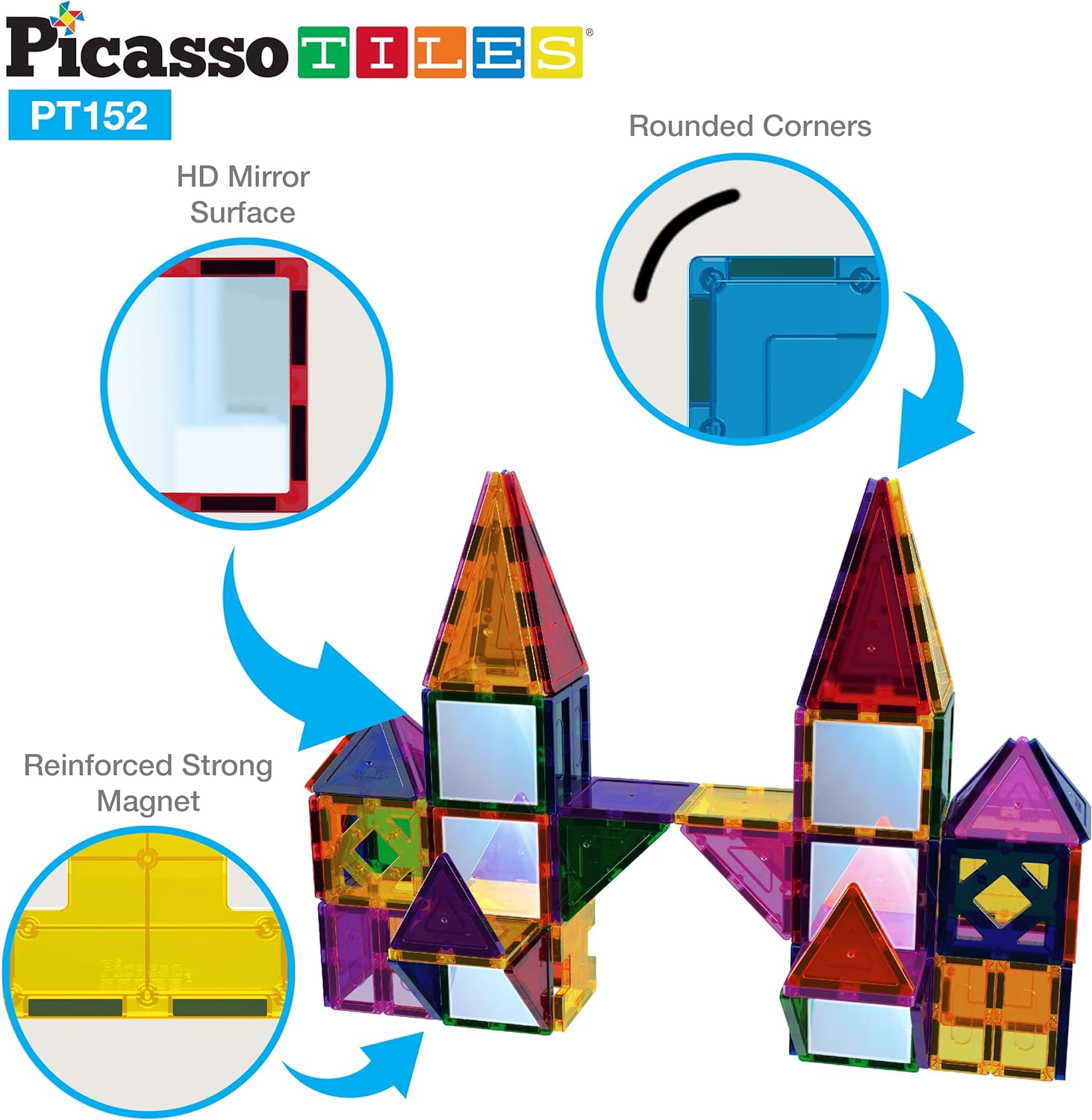 PicassoTiles 152PC Magnetic Tiles Building Block Toy Building Block Magnets Construction Sensory Toys Gifts Set for STEM Educational Playset Kid Brain Development Stacking Blocks with Mirror PT152Mirror152pc