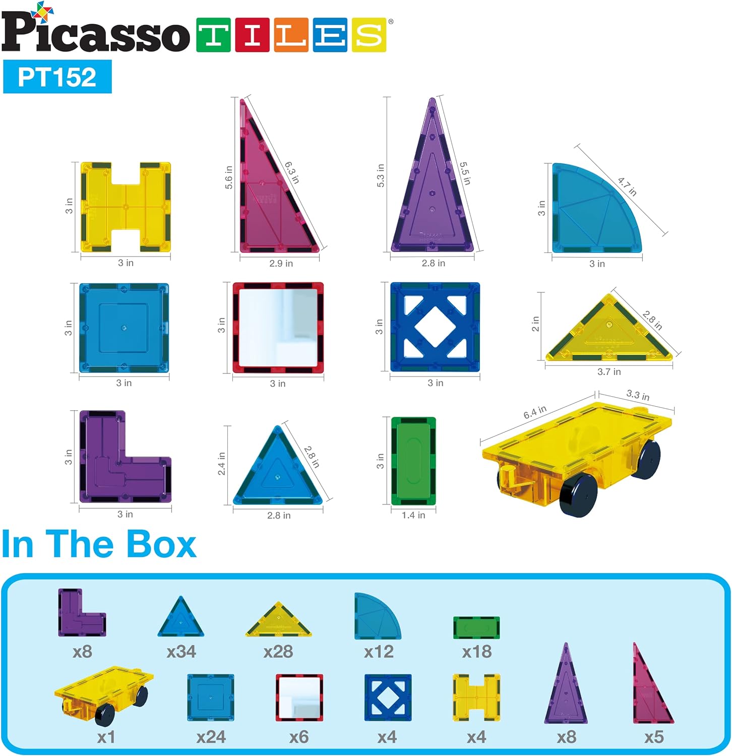 PicassoTiles 152PC Magnetic Tiles Building Block Toy Building Block Magnets Construction Sensory Toys Gifts Set for STEM Educational Playset Kid Brain Development Stacking Blocks with Mirror PT152Mirror152pc