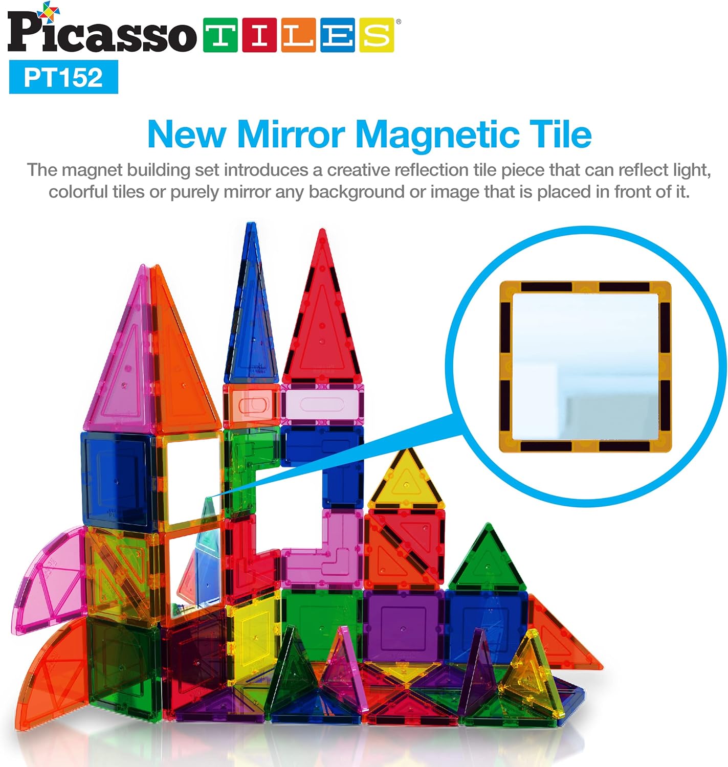PicassoTiles 152PC Magnetic Tiles Building Block Toy Building Block Magnets Construction Sensory Toys Gifts Set for STEM Educational Playset Kid Brain Development Stacking Blocks with Mirror PT152Mirror152pc