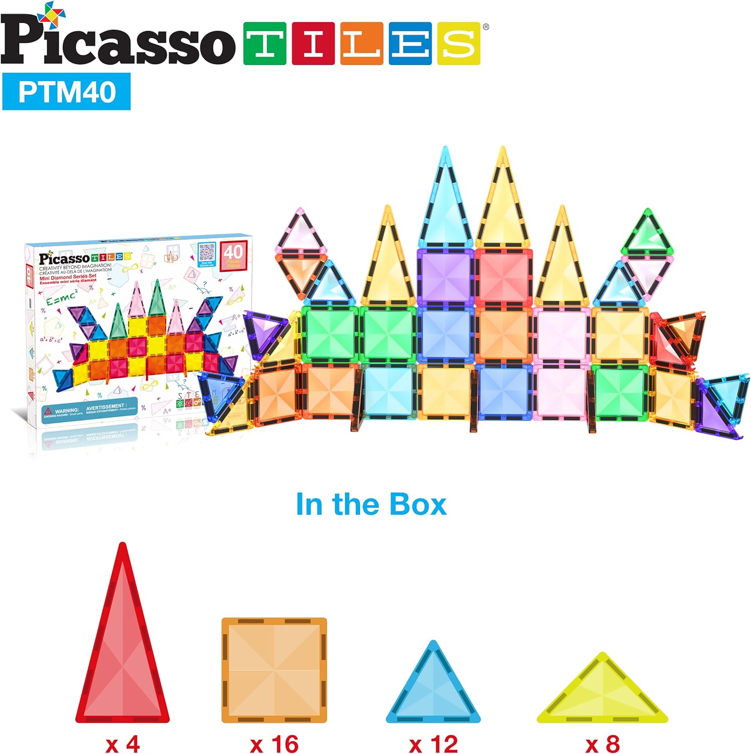PicassoTiles 30 Piece Magnetic Tiles Building Blocks Mini Size Diamond Series Magnet Toys Travel Size OnTheGo Magnet Construction Sensory Toys Gifts Educational Set STEM Learning Kit Playset PTM3040pc