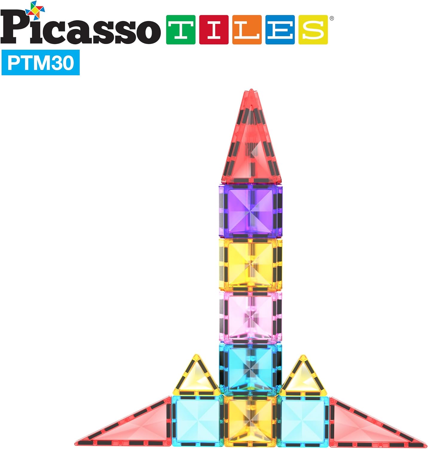 PicassoTiles 30 Piece Magnetic Tiles Building Blocks Mini Size Diamond Series Magnet Toys Travel Size OnTheGo Magnet Construction Sensory Toys Gifts Educational Set STEM Learning Kit Playset PTM3030pc