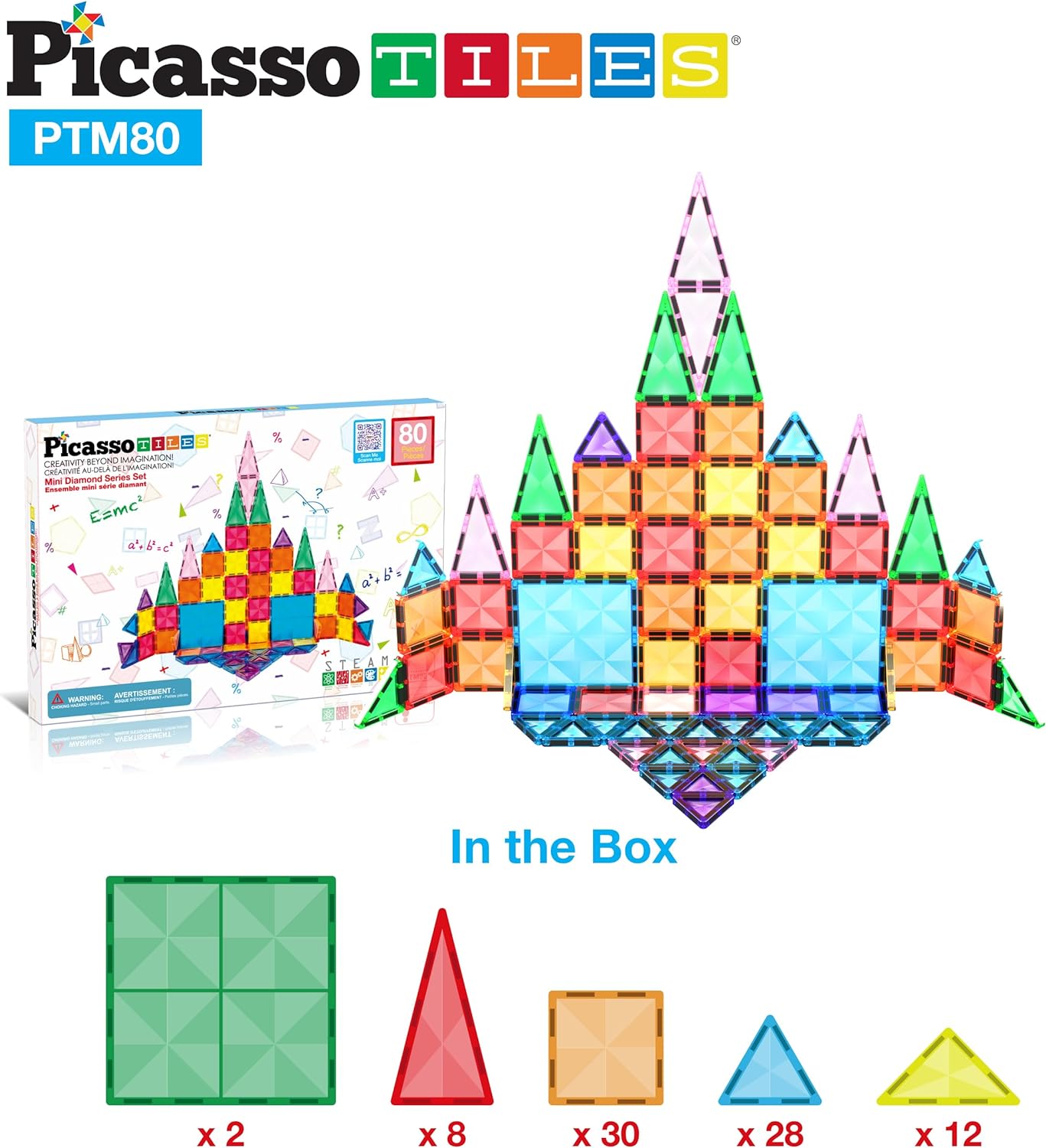 PicassoTiles 30 Piece Magnetic Tiles Building Blocks Mini Size Diamond Series Magnet Toys Travel Size OnTheGo Magnet Construction Sensory Toys Gifts Educational Set STEM Learning Kit Playset PTM3080pc