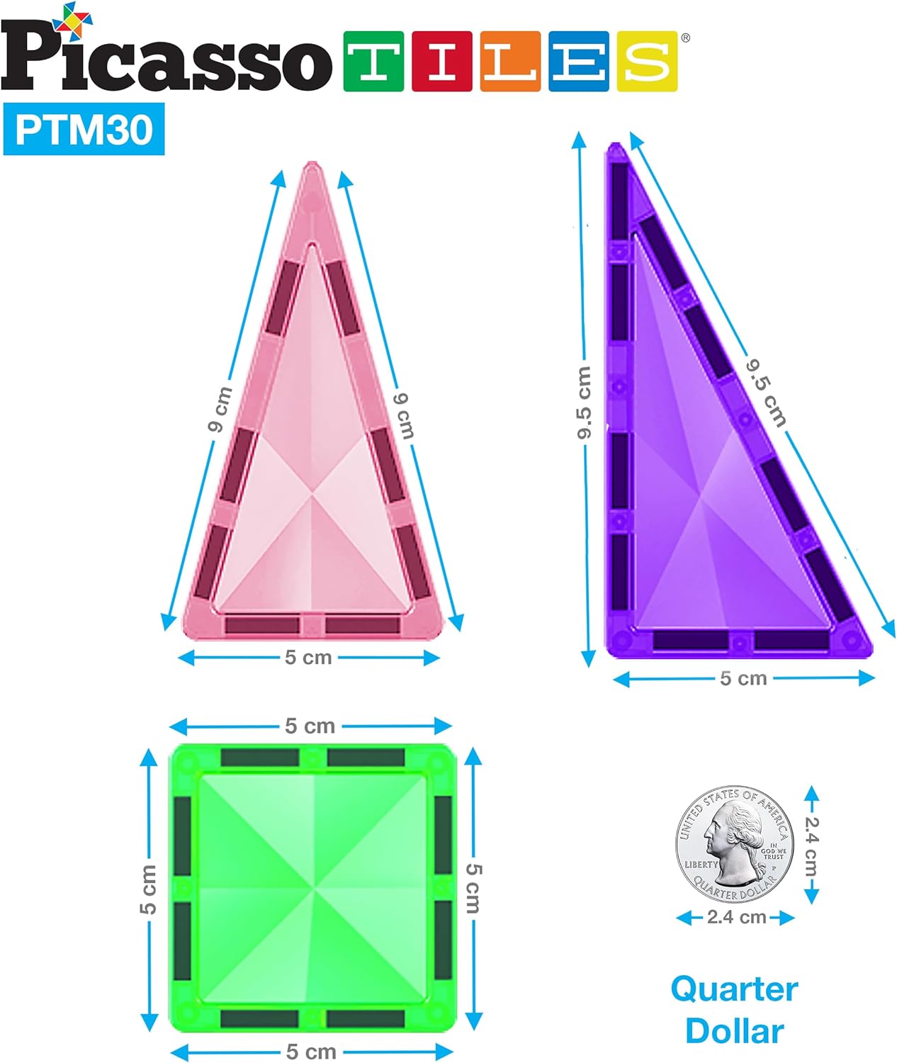 PicassoTiles 30 Piece Magnetic Tiles Building Blocks Mini Size Diamond Series Magnet Toys Travel Size OnTheGo Magnet Construction Sensory Toys Gifts Educational Set STEM Learning Kit Playset PTM3030pc