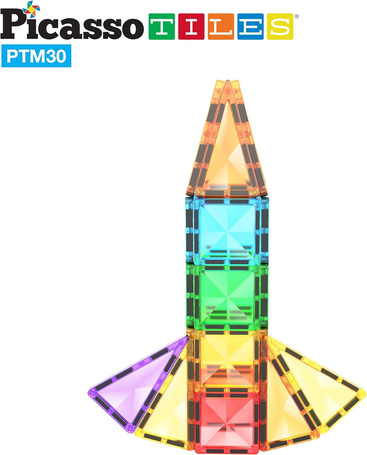 PicassoTiles 30 Piece Magnetic Tiles Building Blocks Mini Size Diamond Series Magnet Toys Travel Size OnTheGo Magnet Construction Sensory Toys Gifts Educational Set STEM Learning Kit Playset PTM3030pc