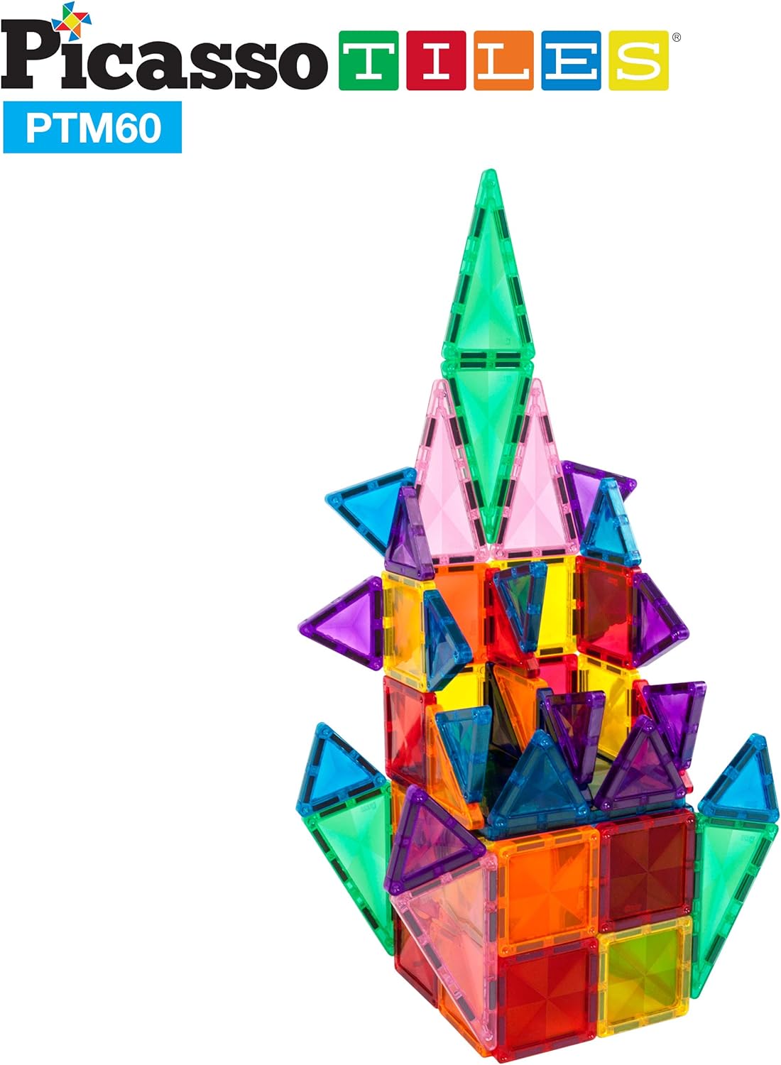 PicassoTiles 60 Piece Magnetic Building Block Mini Diamond Series Travel Size OnTheGo Construction Toy Set STEM Learning Kit Educational Playset Child Brain Development Stacking Blocks PTM6060pc