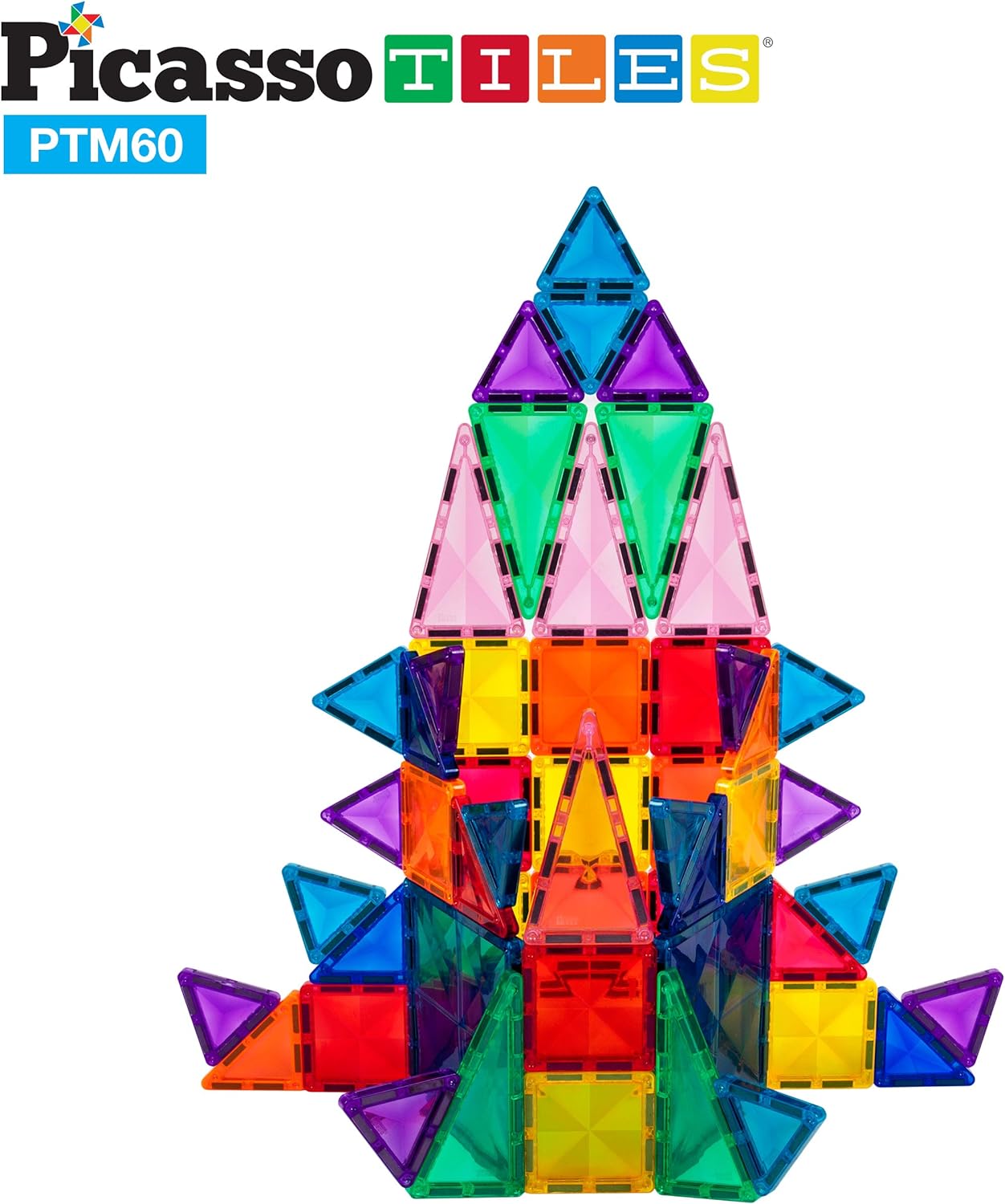 PicassoTiles 60 Piece Magnetic Building Block Mini Diamond Series Travel Size OnTheGo Construction Toy Set STEM Learning Kit Educational Playset Child Brain Development Stacking Blocks PTM6060pc