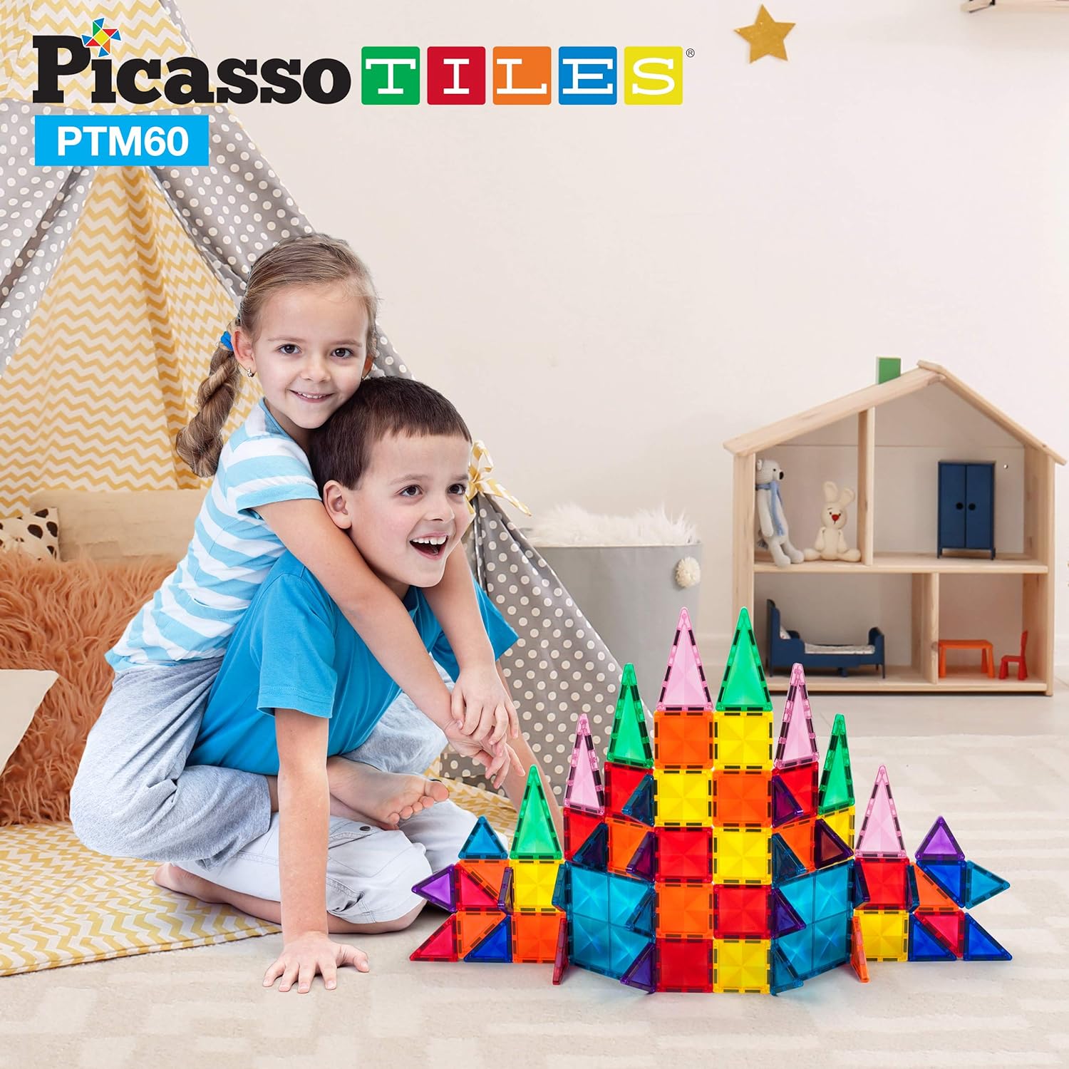 PicassoTiles 60 Piece Magnetic Building Block Mini Diamond Series Travel Size OnTheGo Construction Toy Set STEM Learning Kit Educational Playset Child Brain Development Stacking Blocks PTM6060pc