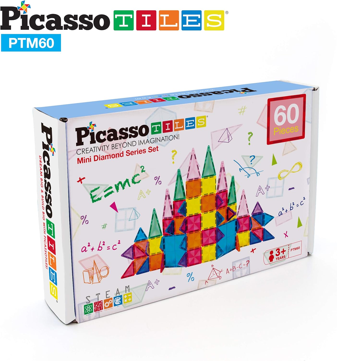 PicassoTiles 60 Piece Magnetic Building Block Mini Diamond Series Travel Size OnTheGo Construction Toy Set STEM Learning Kit Educational Playset Child Brain Development Stacking Blocks PTM6060pc