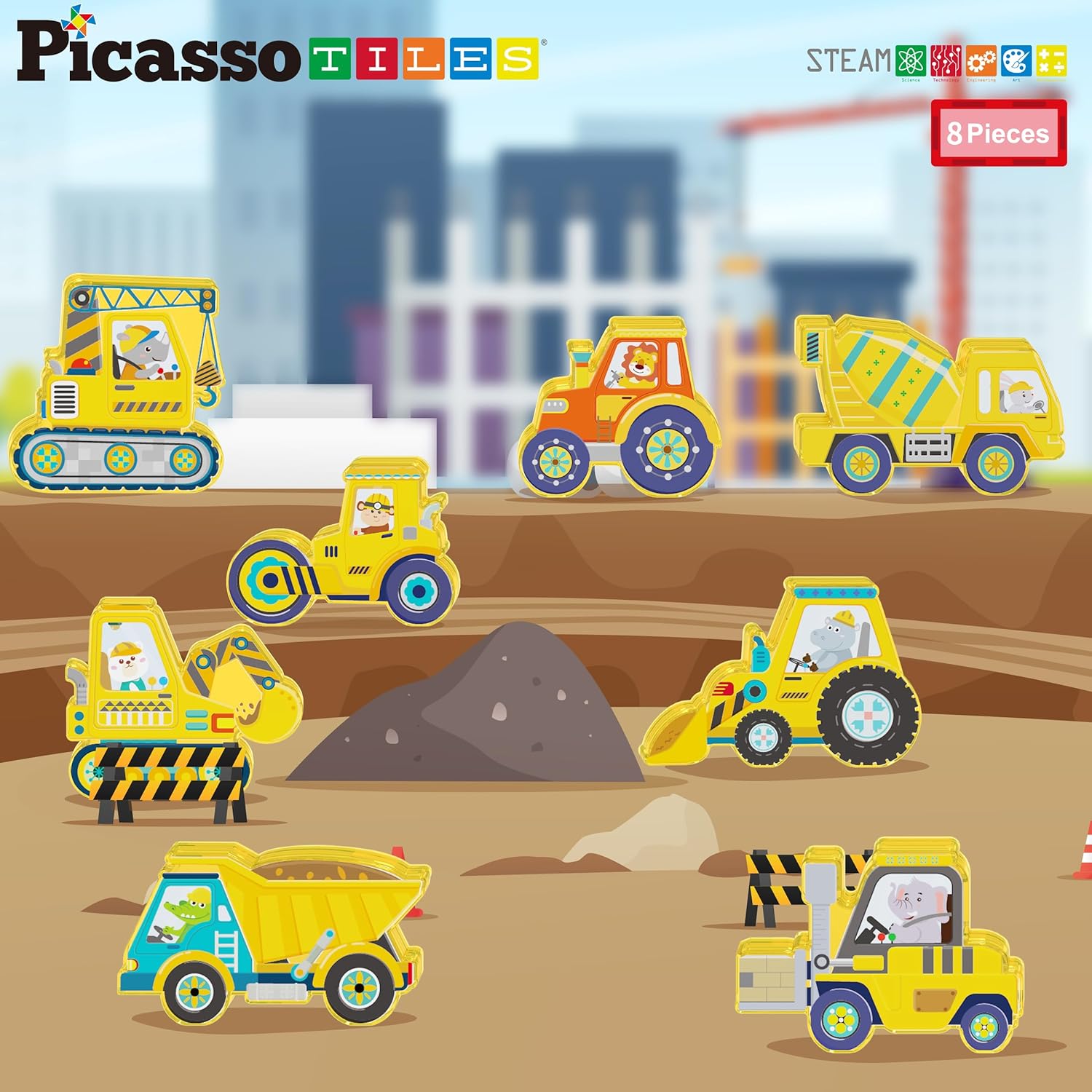 PicassoTiles 8pc Magnet Building Tile Blocks Addon 8 Magnetized Action Figures Construction Vehicle Zoo Animal Theme Compatible with Magnetic Build Tiles Playset STEM Learning Girls Boys Ages 3 PTA21PicassoTiles 8pc Magnet Building Tile Blocks Addon 8 Magnetized Action Figures Construction Vehicle Zoo Animal Theme Compatible with Magnetic Build Tiles Playset STEM Learning Girls Boys Ages 3 PTA21