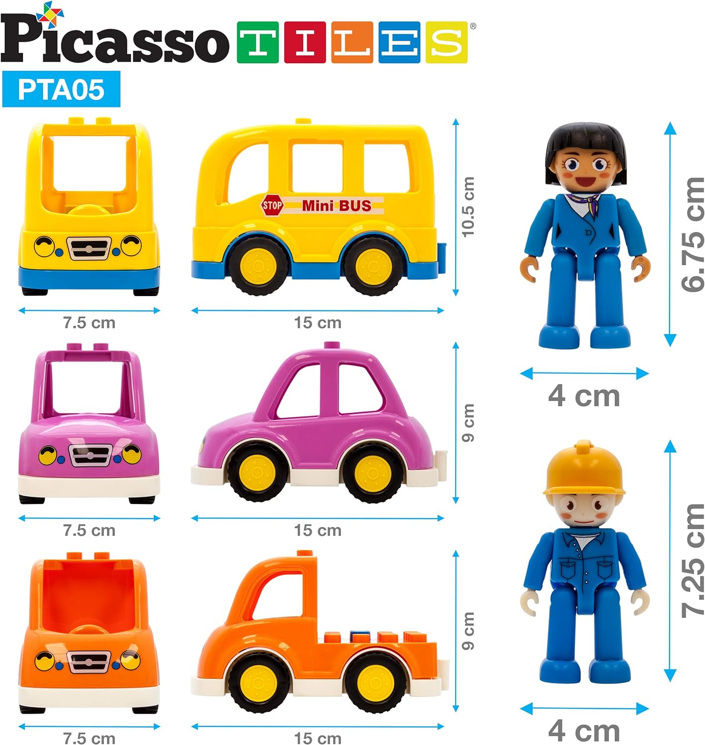 PicassoTiles Magnetic 15 Piece Character Action Figures Toddler Toy Set Magnet Expansion Variety Pack Educational Addon STEM Learning Kit Pretend Playset for Construction Building Block Tiles PTA15Vehicle