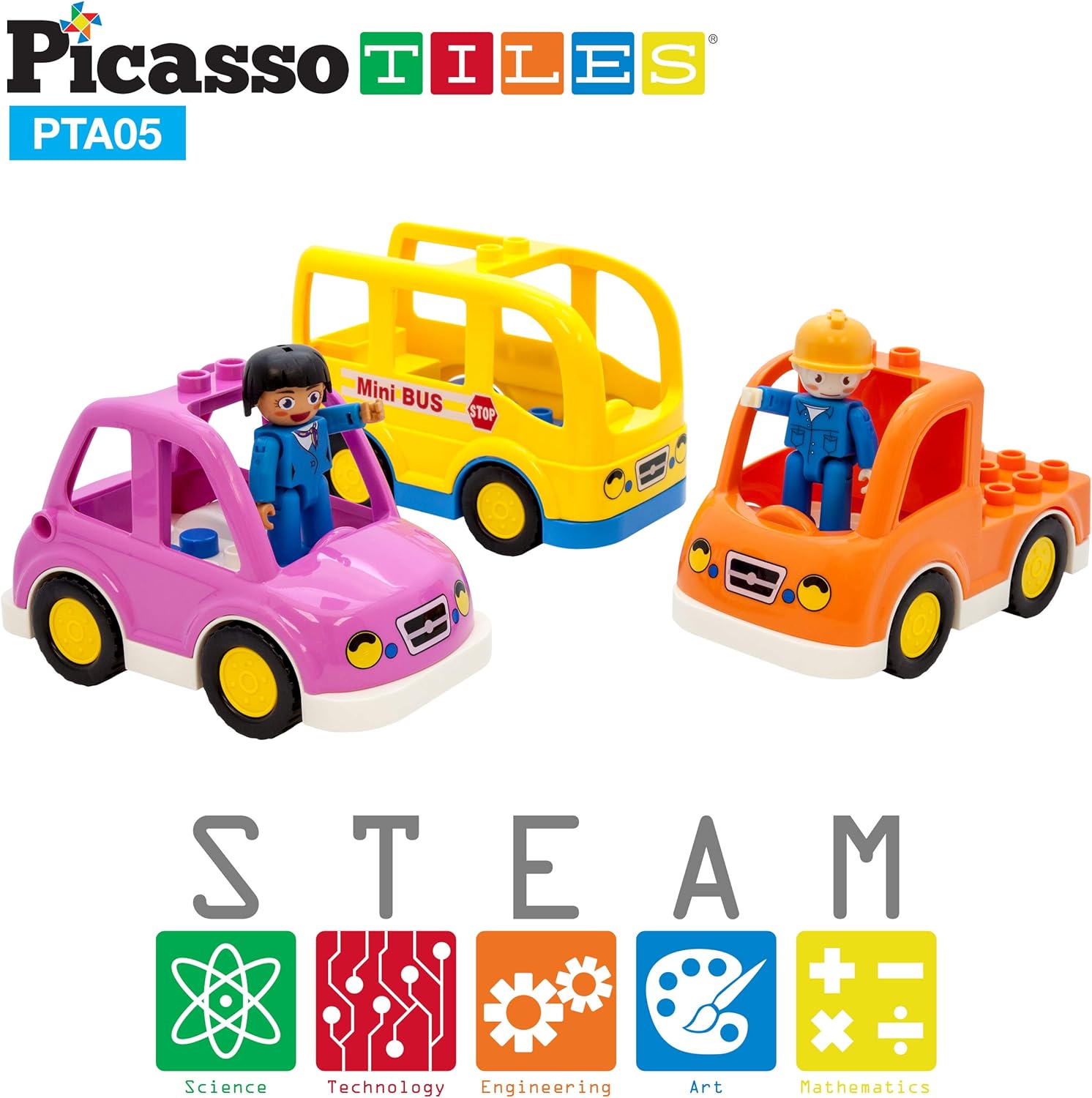 PicassoTiles Magnetic 15 Piece Character Action Figures Toddler Toy Set Magnet Expansion Variety Pack Educational Addon STEM Learning Kit Pretend Playset for Construction Building Block Tiles PTA15Vehicle