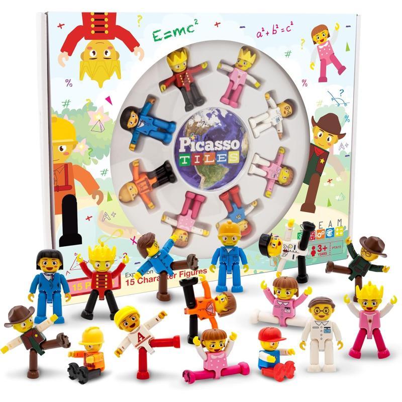 PicassoTiles Magnetic 15 Piece Character Action Figures Toddler Toy Set Magnet Expansion Variety Pack Educational Addon STEM Learning Kit Pretend Playset for Construction Building Block Tiles PTA1515 Characters