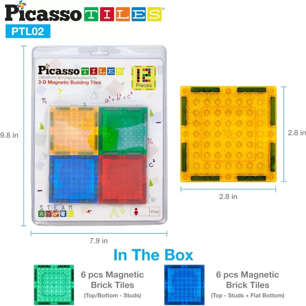 PicassoTiles 12pcs Magnetic Brick Tiles STEM Creative Magnetic Tiles Building Block Set Building Brick Construction Toy Socket Spikes Toys Accessory Educational Imaginative Learning Kit Stacking SetPTL02