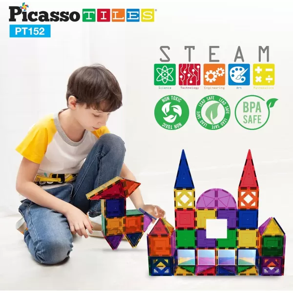 PicassoTiles 152PC Magnetic Tiles Building Block Toy Building Block Magnets Construction Sensory Toys Gifts Set for STEM Educational Playset Kid Brain Development Stacking Blocks with Mirror PT152Mirror152pc
