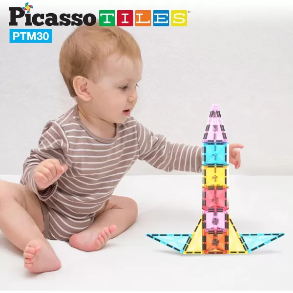 PicassoTiles 30 Piece Magnetic Tiles Building Blocks Mini Size Diamond Series Magnet Toys Travel Size OnTheGo Magnet Construction Sensory Toys Gifts Educational Set STEM Learning Kit Playset PTM3030pc