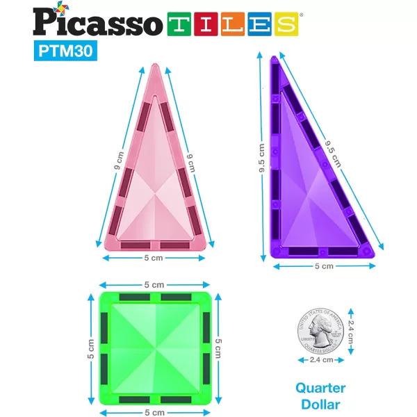 PicassoTiles 30 Piece Magnetic Tiles Building Blocks Mini Size Diamond Series Magnet Toys Travel Size OnTheGo Magnet Construction Sensory Toys Gifts Educational Set STEM Learning Kit Playset PTM3030pc